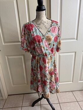 Floral V-Neck Tiered Summer Dress - Mint with Pink & Beige Roses